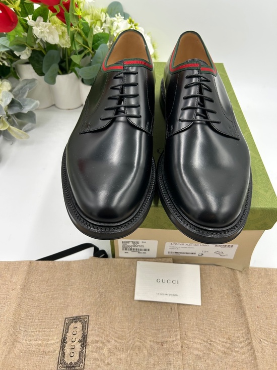 Men’s Gucci Black Leather Derby Shoes with Green-Red Web trim Size 12.5 main image 6